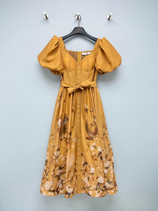 26Corset-Style Maxi Dress with Puff Sleeves and Floral-Bird Print
