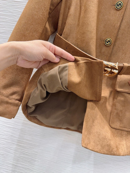 26Long-Sleeve Coat with Metal-Buckle Pockets and Waist Belt
