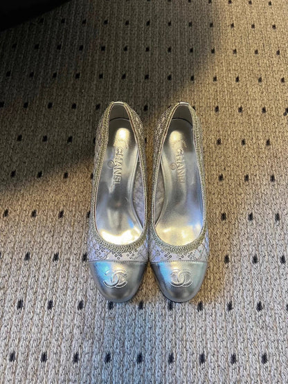 Mesh woven sequined high heels