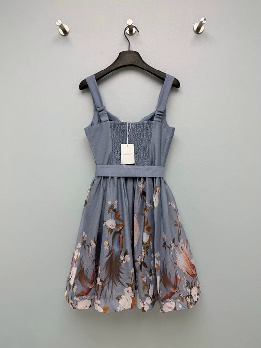26+New Collection: Vintage-Inspired Floral & Bird-Print Corset-Style Camisole Dress (Misty Grey-Blue Base)