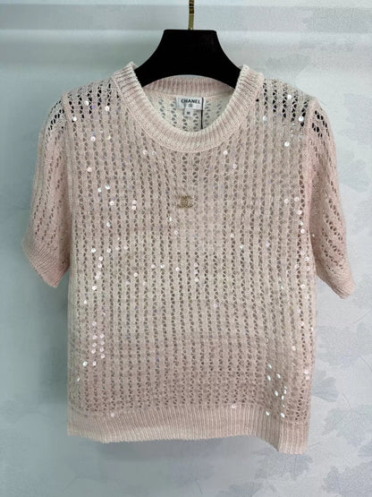 26ss Sequined Openwork Knit T-shirt
