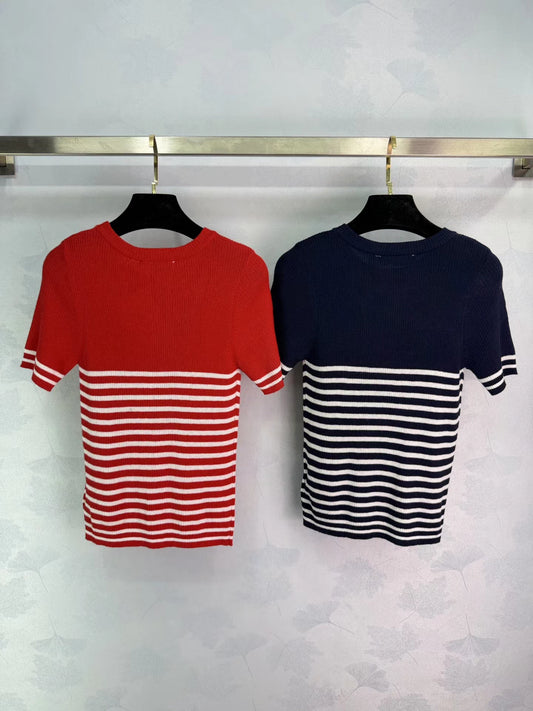 Striped knit short-sleeved top