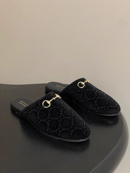 Rhinestone velvet mules