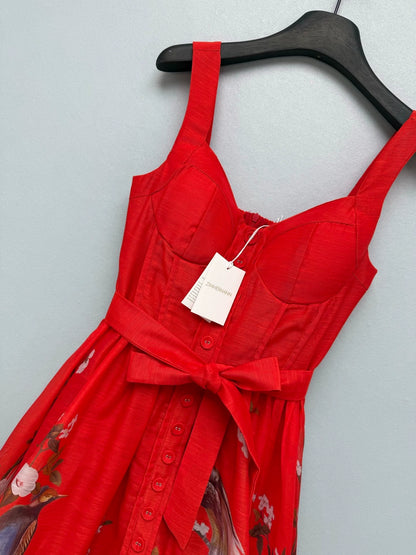 26New Arrival: Vibrant, Bright Red Corset-Style Camisole Dress with Floral and Bird Motifs