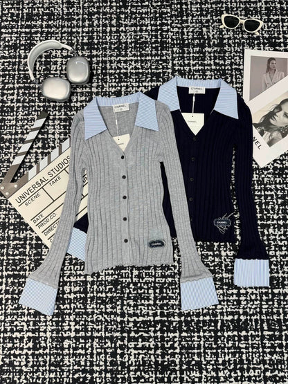 Knitted long sleeved shirt collar with patchwork