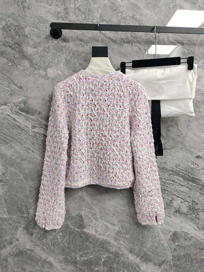 26Pink-and-white tweed, openwork, cropped, Chanel-style round-neck jacket
