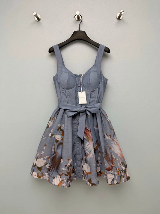 26+New Collection: Vintage-Inspired Floral & Bird-Print Corset-Style Camisole Dress (Misty Grey-Blue Base)