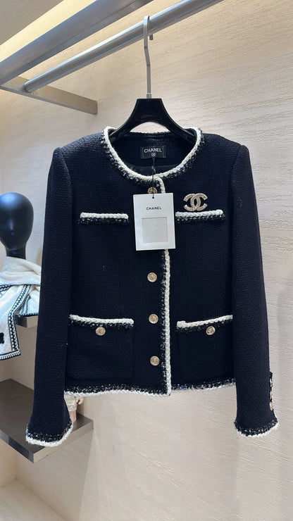Color-blocked tweed short jacket