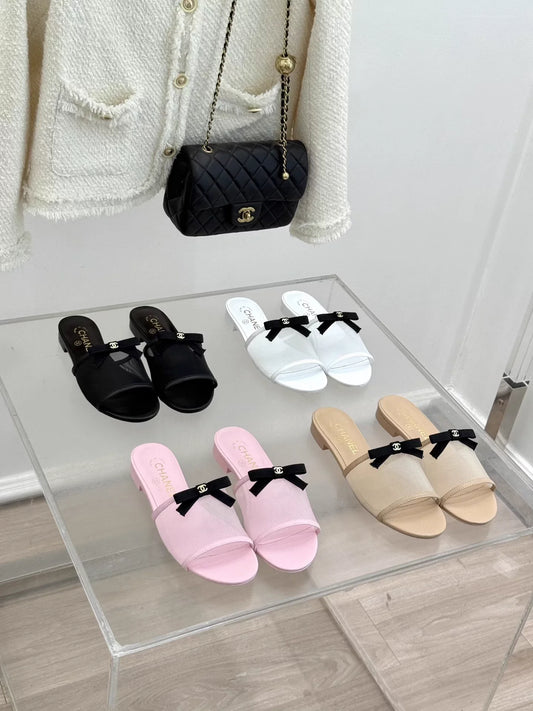 Flat high-heeled bow slippers