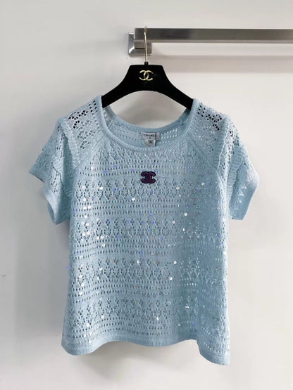 26ss Hollow-out sequined short-sleeved top