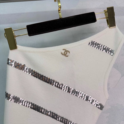 26ss Sequined Striped Knit One-Shoulder Vest