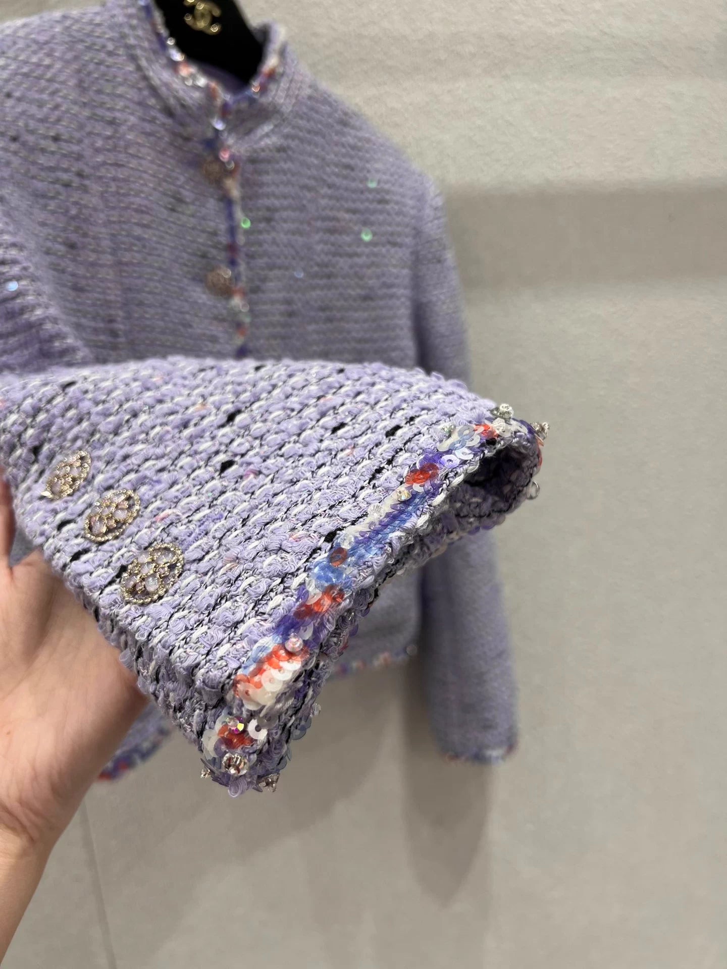 Sequined woven tweed wool coat