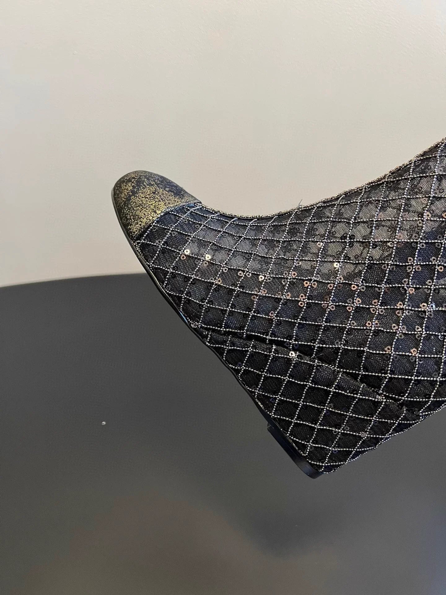 Mesh woven sequined wedge ankle boots