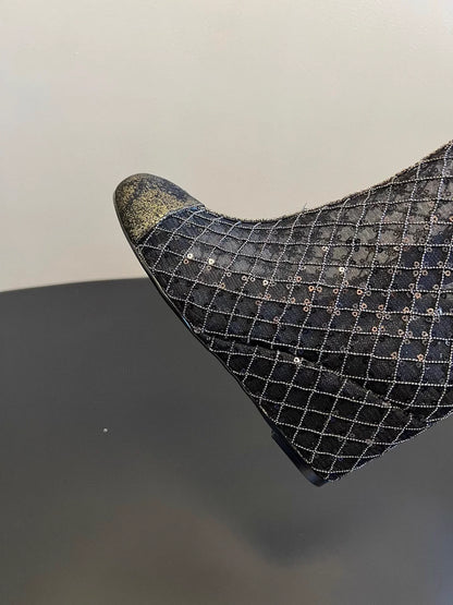 Mesh woven sequined wedge ankle boots