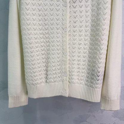 Feather-patterned openwork knit cardigan