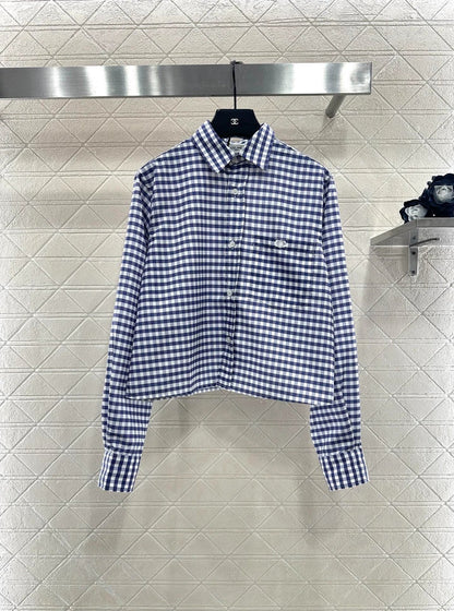Lace collar blue and white checkered shirt