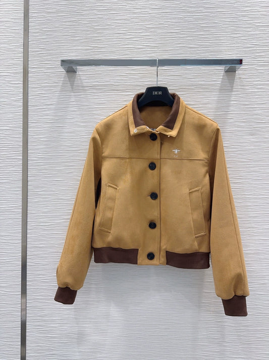 26New Long-Sleeve Faux Suede Jacket with Bee Embroidery