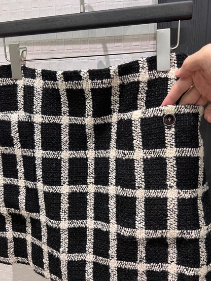26ss French plaid tweed T-shirt/Skirts