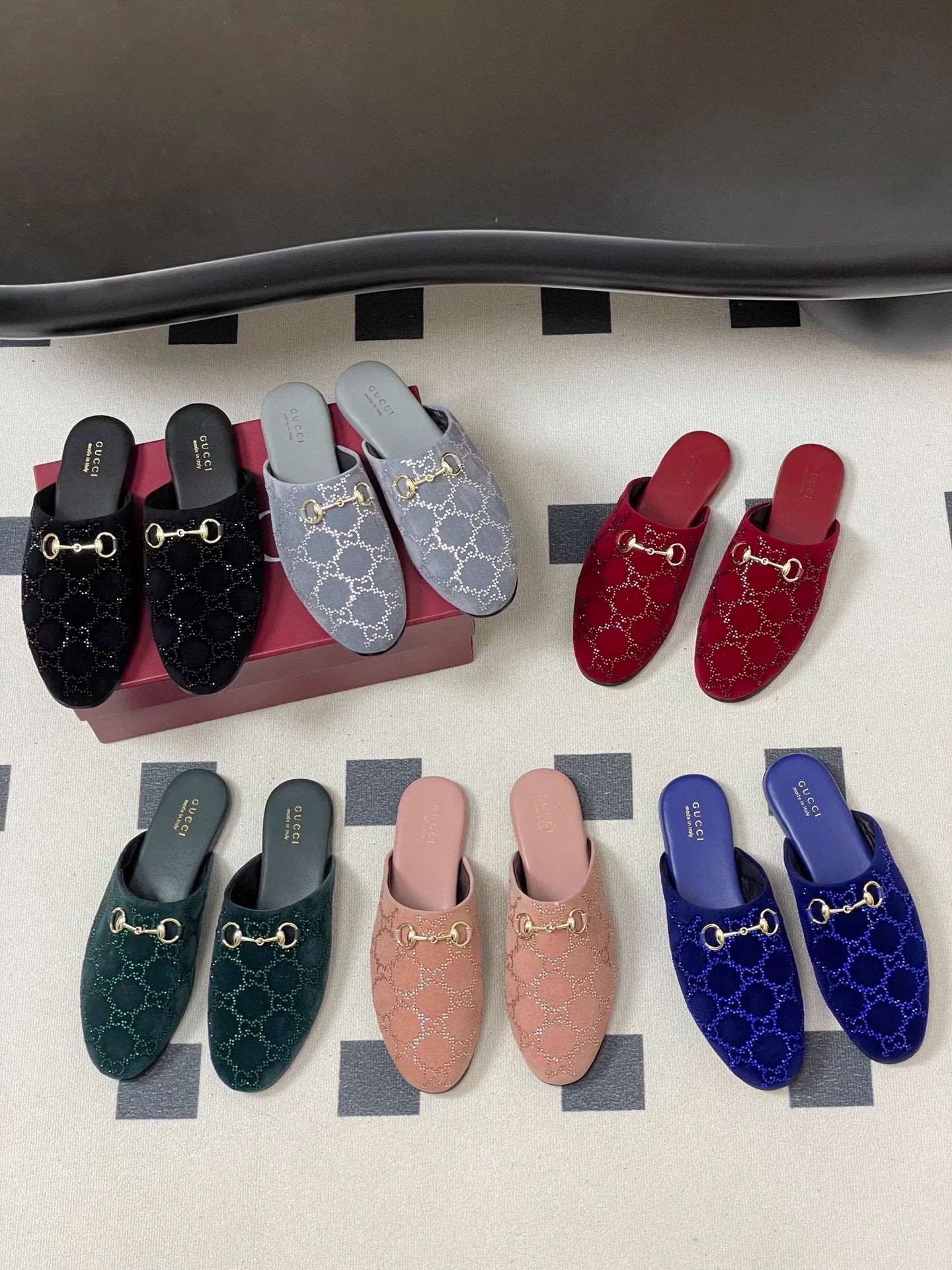 Rhinestone velvet mules