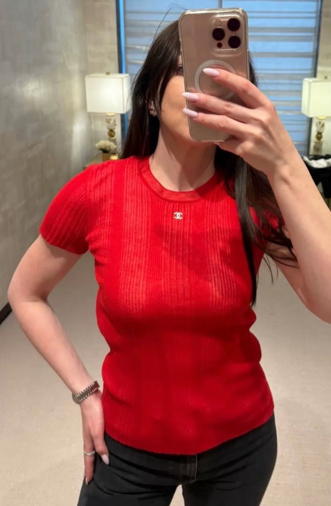 26Red Knitted Short-Sleeve Top