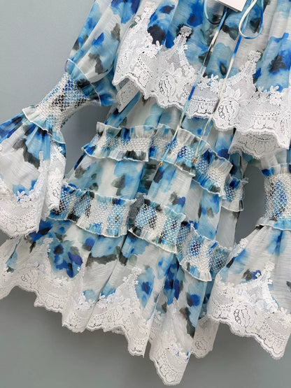 26New Lace-Trimmed Watercolor Floral Dress