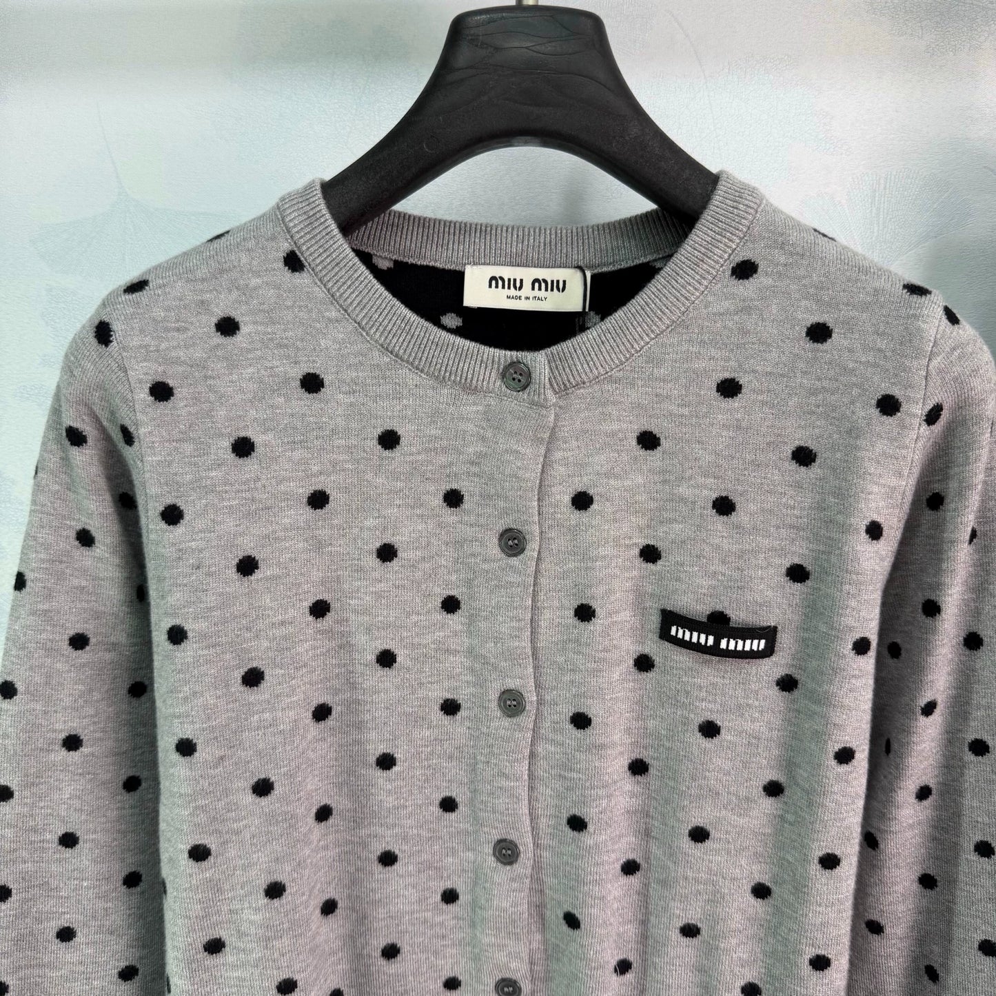 MiuMiu/26 Early Fall New Polka Dot Knit Long-Sleeve Cardigan and Mini Skirt Set