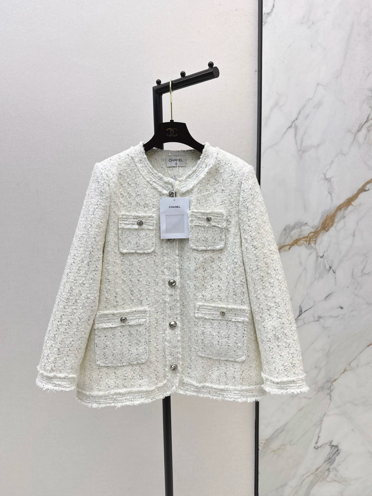 26"Chanel-Style" Woven Tweed-Look Goose Down Jacket