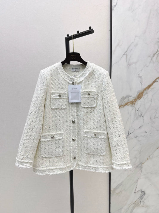 26"Chanel-Style" Woven Tweed-Look Goose Down Jacket