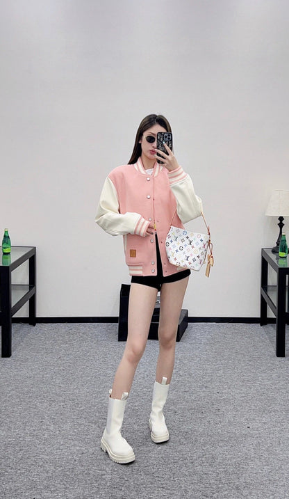 25fw Casual leather sleeve shoulder baseball jacket