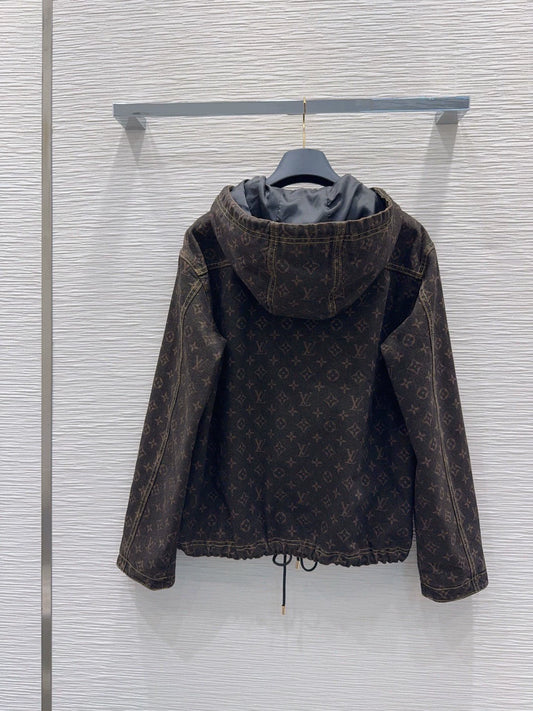 26New Long-Sleeve Denim Hooded Jacket with Print, Drawstring, and Zipper