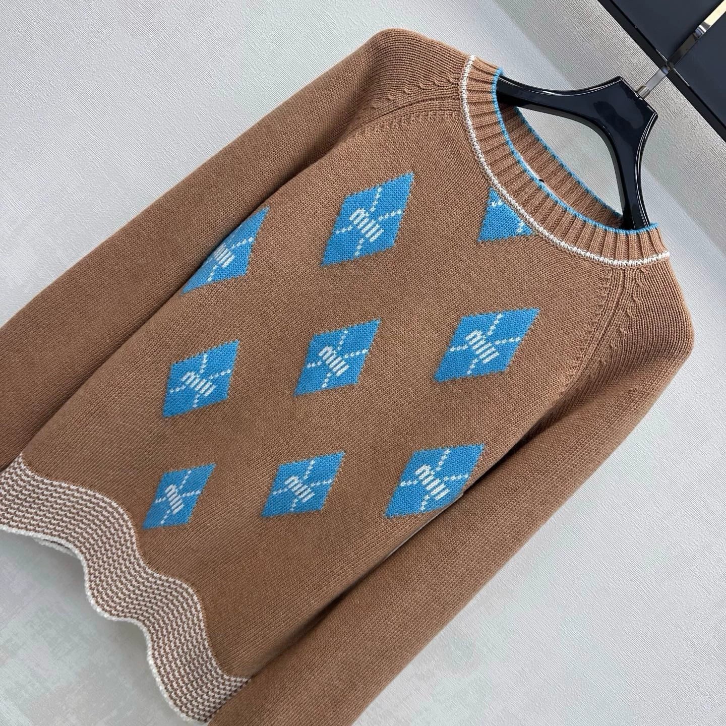 MiuMiu/26 New Season Diamond-Pattern & Stripe Knit Sweater