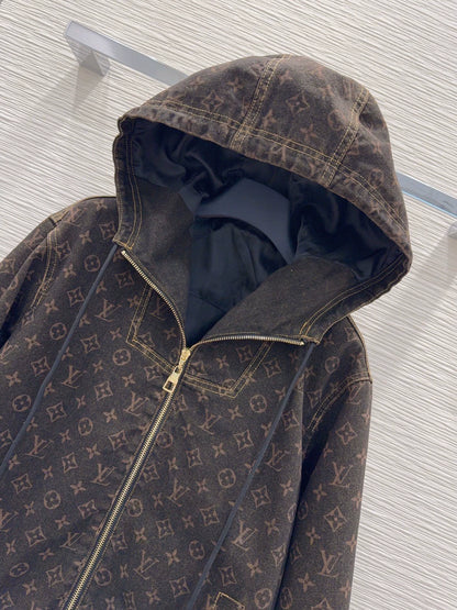 26New Long-Sleeve Denim Hooded Jacket with Print, Drawstring, and Zipper