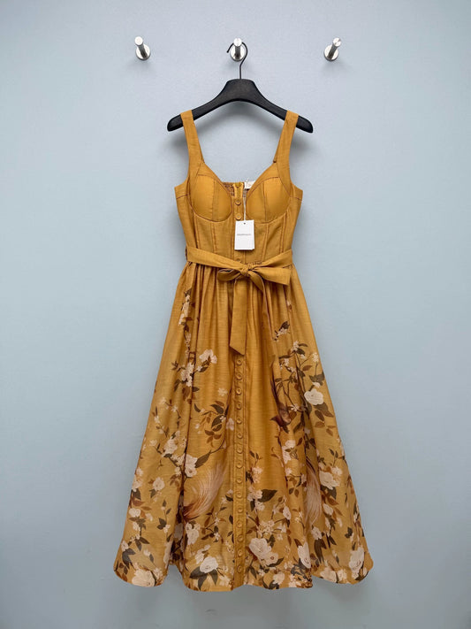 26Vintage-Style Turmeric Floral & Bird Print Corset-Bodice Maxi Dress