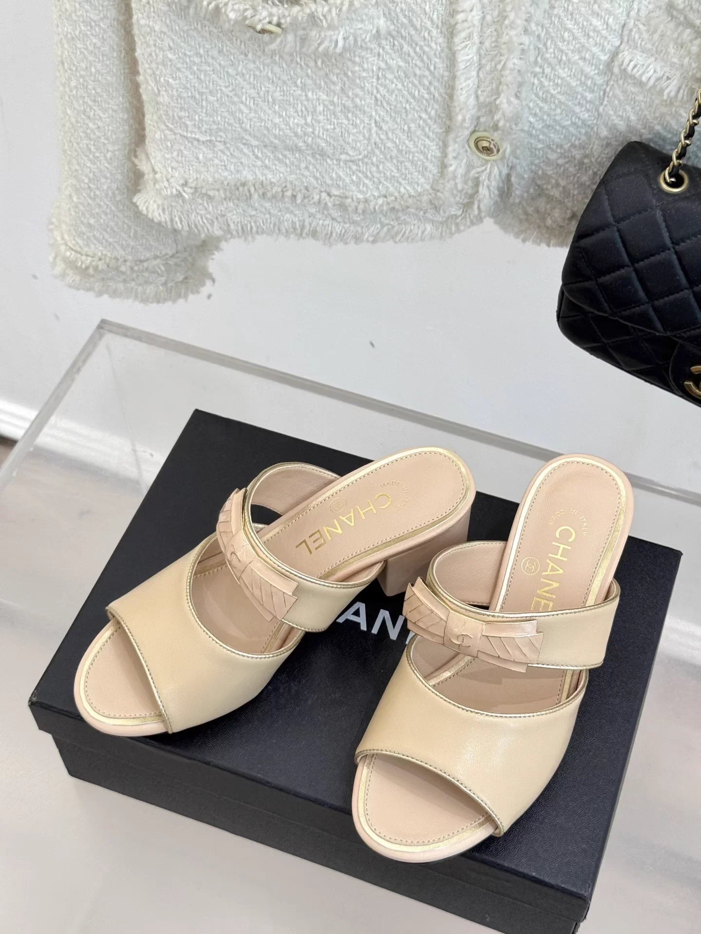 Double C Bow Chunky Heel Sandals