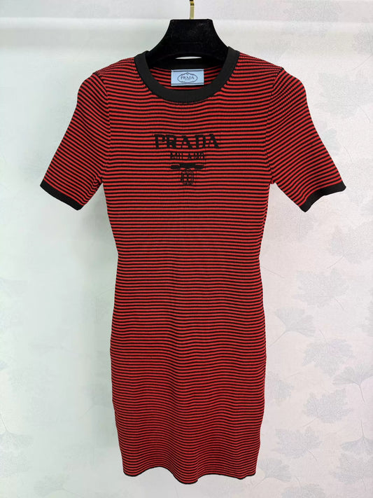 Striped knit short-sleeved dress