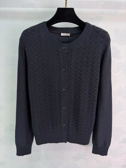 Feather-patterned openwork knit cardigan