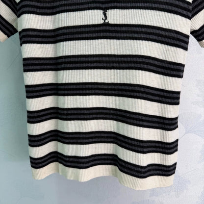 Yves Saint Laurent/26SS New Striped V-Neck Short-Sleeve Knit Top