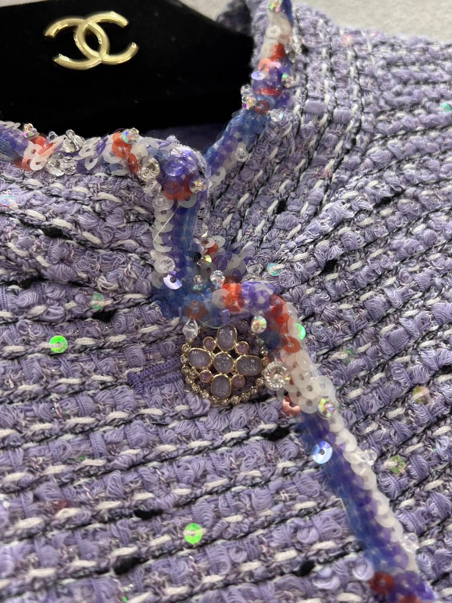 Sequined woven tweed wool coat