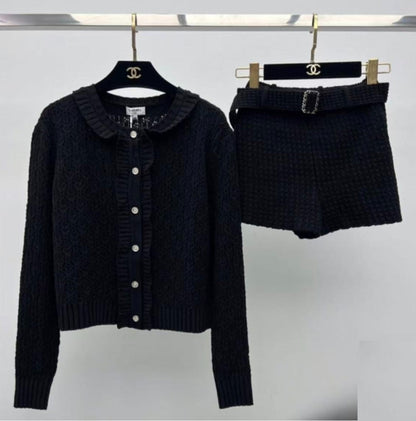 Ruffled Knit Cardigan/belted shorts