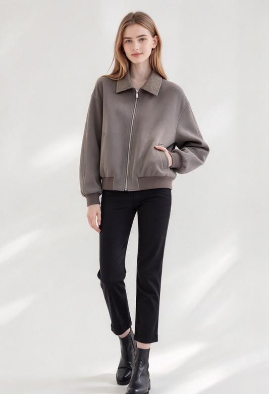 26New Collection: Long-Sleeve Jacket with a Knitted Collar (Grey)