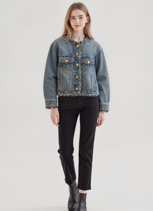 26Women’s Vintage-Washed Denim Jacket with Braided Tweed Trim