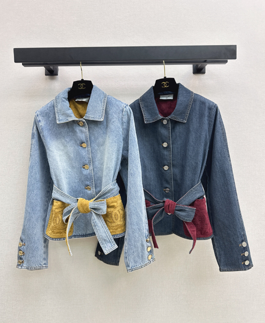 26Latest Autumn/Winter Color-Block Suede-Belt Denim Jacket
