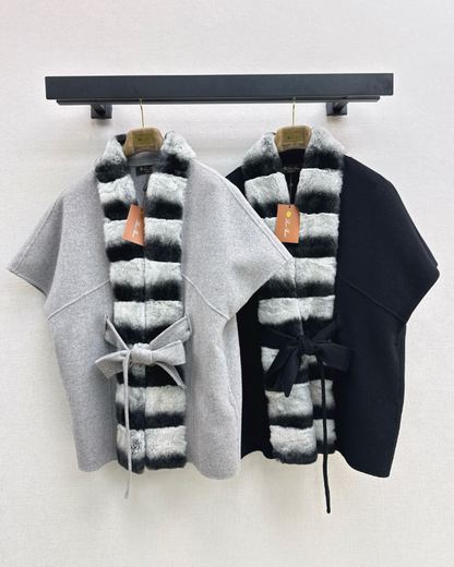 26 Fall/Winter Latest Color-Block Rex Rabbit Fur Tie Double-Sided Wool Cape Coat