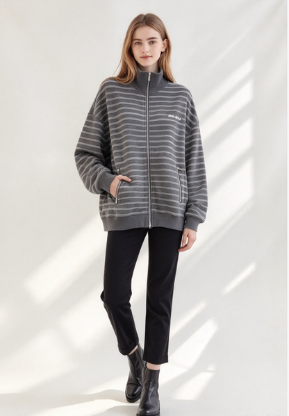 26 Grey-and-White Striped Stand-Collar Zip-Up Jacket
