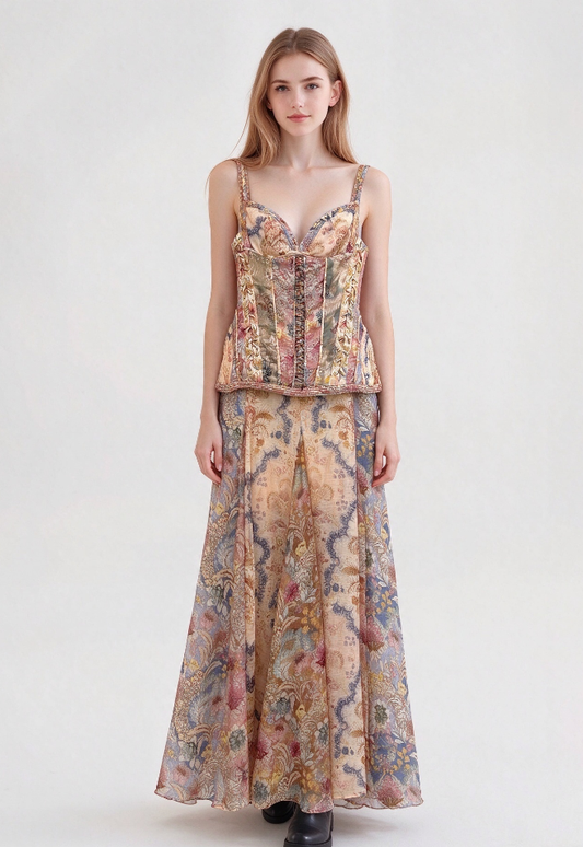 26Vintage-Style Lace-Up Corset-Waist Printed Camisole Dress