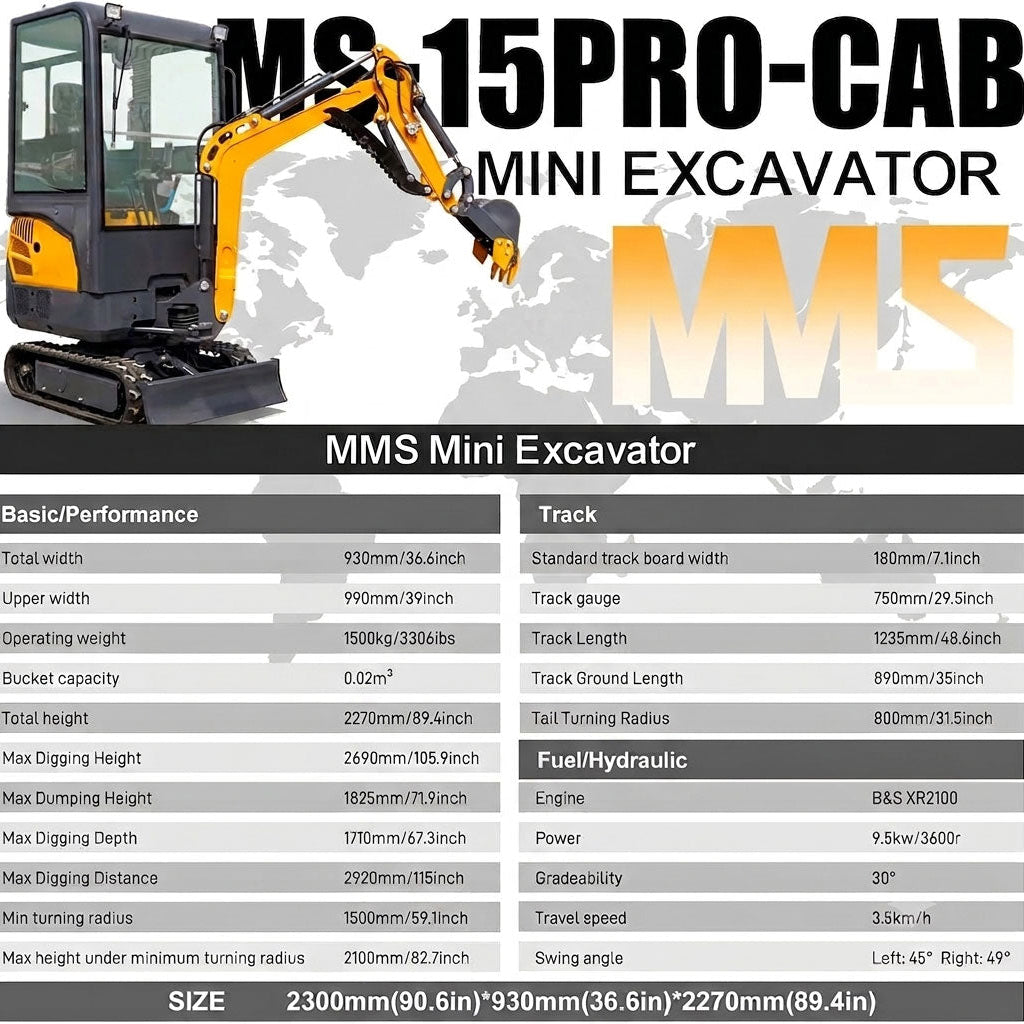 MS15PRO Mini Excavator with Cab,B&S Engine with Side Swing Boom and Hydraulic Thumb