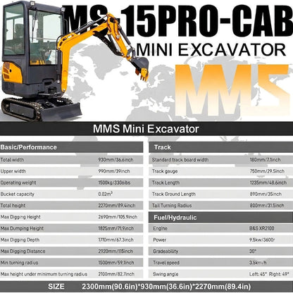MS15PRO Mini Excavator with Cab,B&S Engine with Side Swing Boom and Hydraulic Thumb