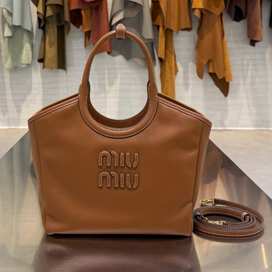 MiuMiu 2026 Tote Bag 22cm Ivory Canvas Leather