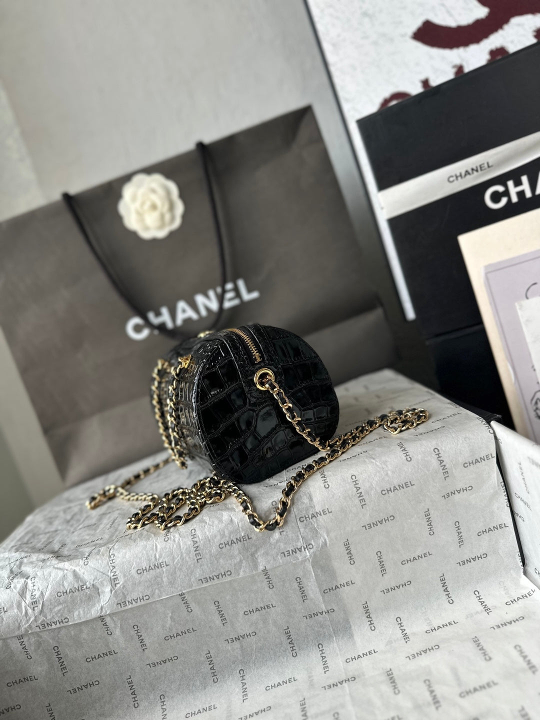 Chanel 2026 Crocodile Embossed Bowling Bag 18.5cm Leather