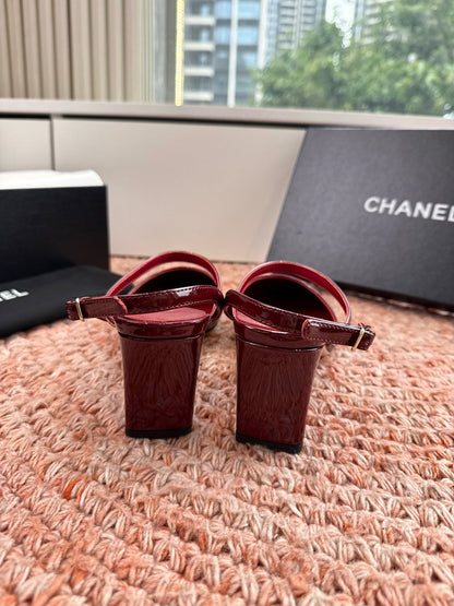 CHANEL 26S SQUARE TOE HIGH HEELS SLINGBACKS IN RED CALFSKIN